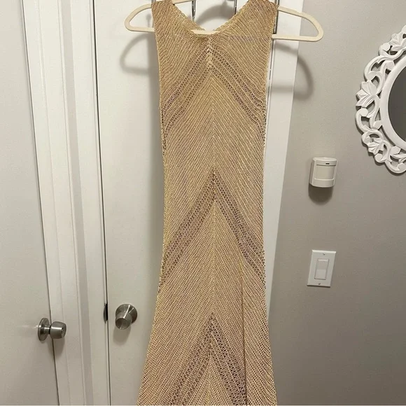 Rimini by Shaw Crocheted & Beaded Tan Beige Fitted Sleeveless Long Dress 8 Y2K - Picture 5 of 12
